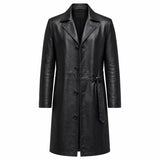 Men’s Black Leather Long Coat | Belted Button Front Trench Coat
