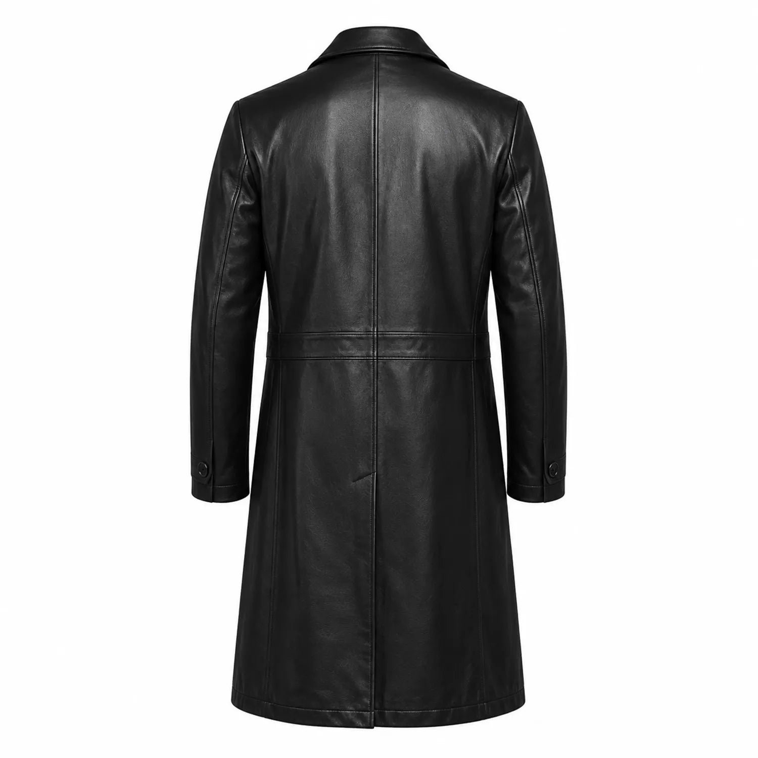 Men’s Black Leather Long Coat | Belted Button Front Trench Coat