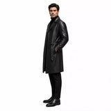Men’s Black Leather Long Coat | Belted Button Front Trench Coat