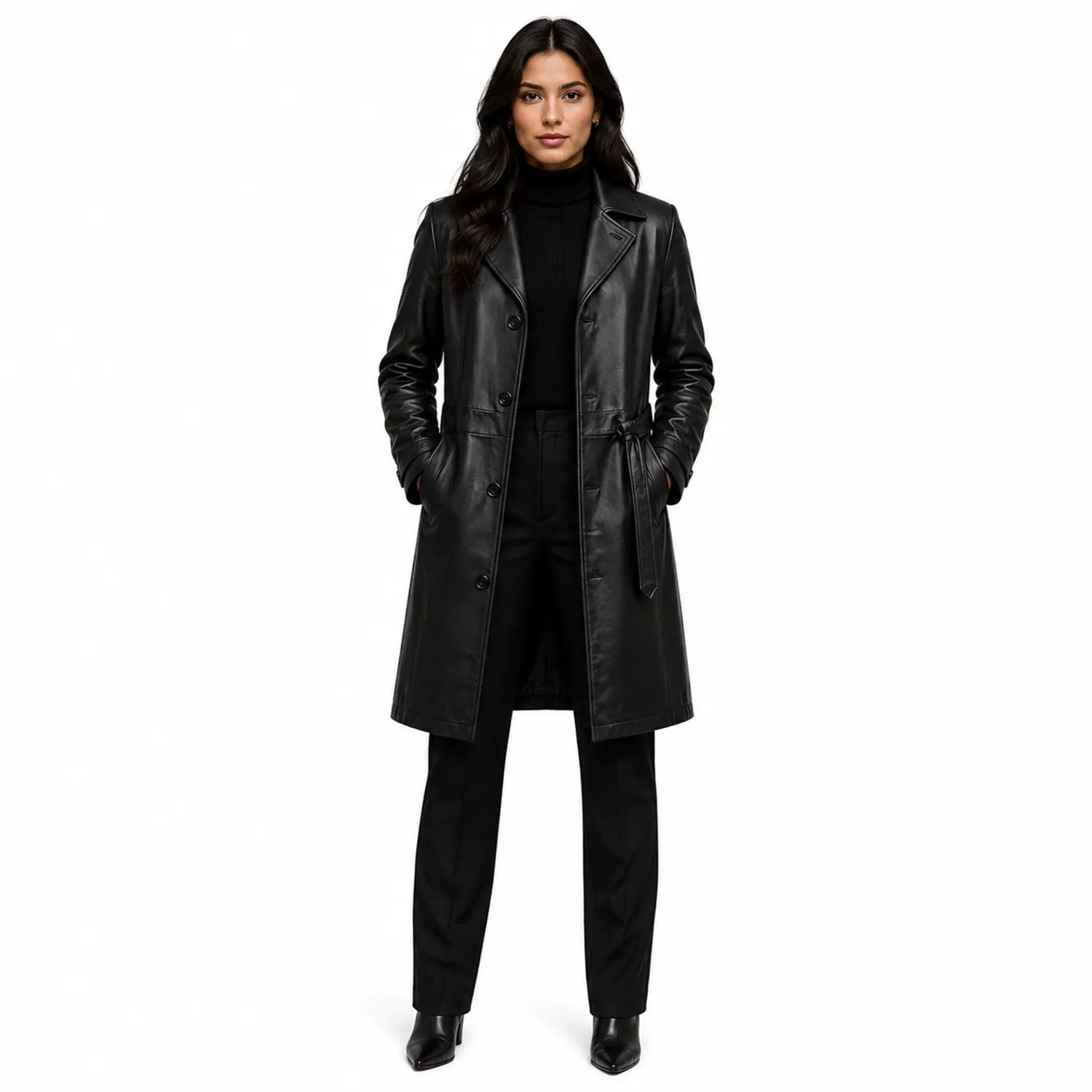 Women’s Black Leather Long Coat | Belted Button Front Trench Coat