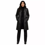 Women’s Black Leather Long Coat | Belted Button Front Trench Coat