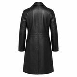 Women’s Black Leather Long Coat | Belted Button Front Trench Coat