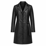 Women’s Black Leather Long Coat | Belted Button Front Trench Coat
