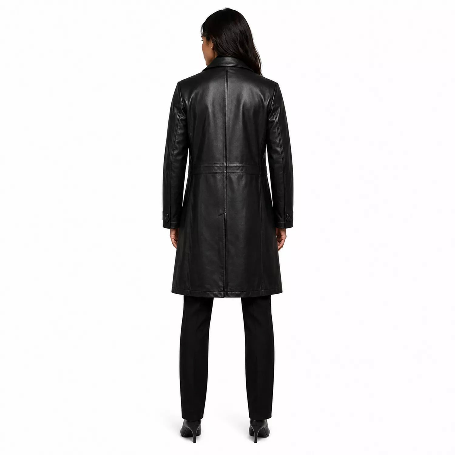 Women’s Black Leather Long Coat | Belted Button Front Trench Coat