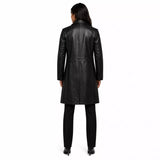 Women’s Black Leather Long Coat | Belted Button Front Trench Coat