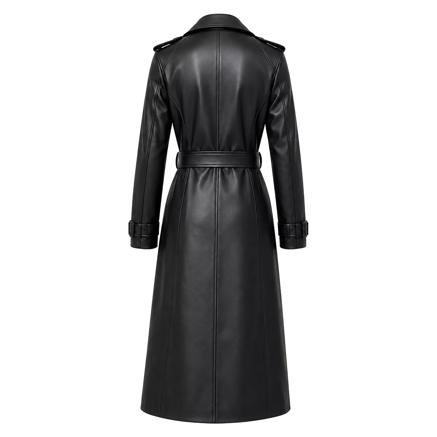 Women’s Black Leather Trench Coat | Long Double-Breasted Belted Coat