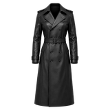 Women’s Black Leather Trench Coat | Long Double-Breasted Belted Coat