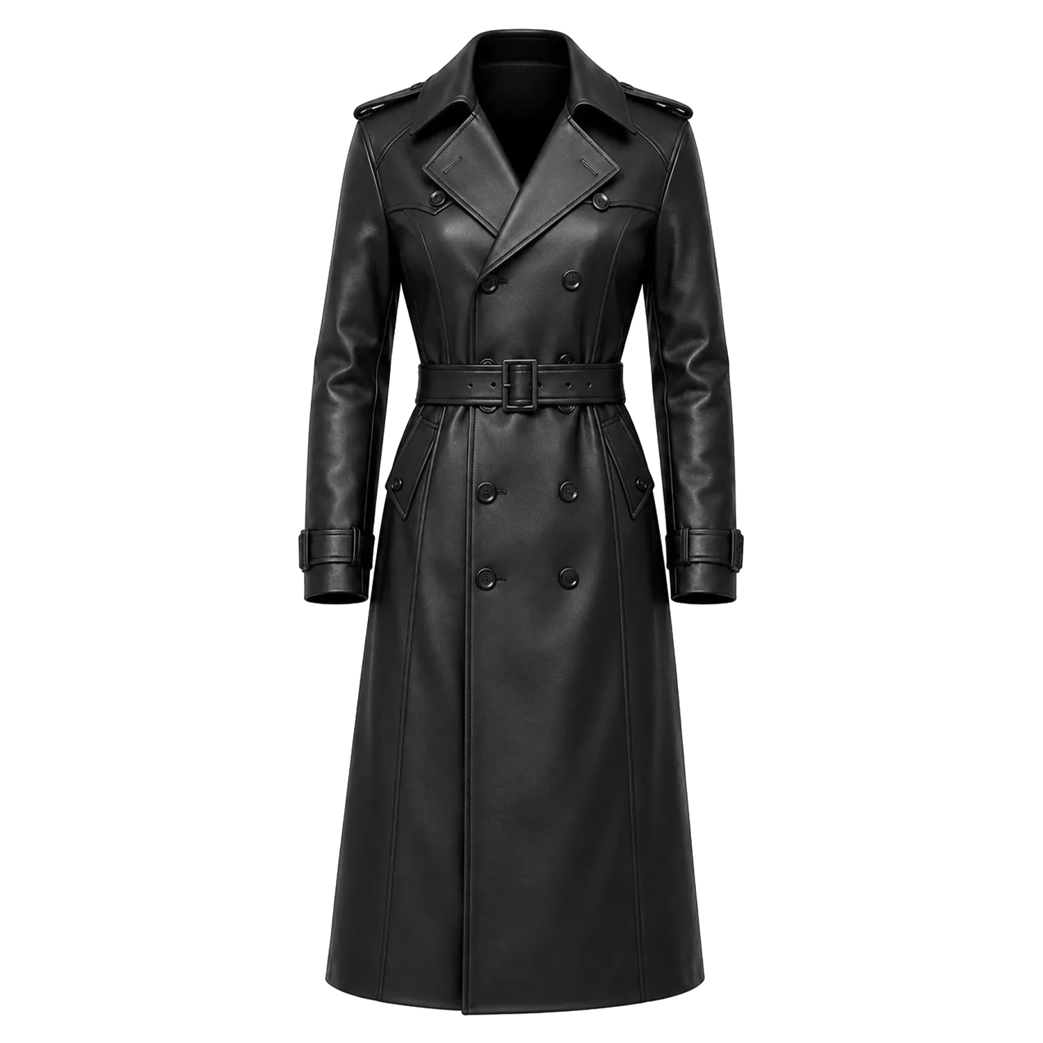 Women’s Black Leather Trench Coat | Long Double-Breasted Belted Coat