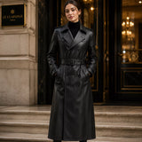 Women’s Black Leather Trench Coat | Long Double-Breasted Belted Coat