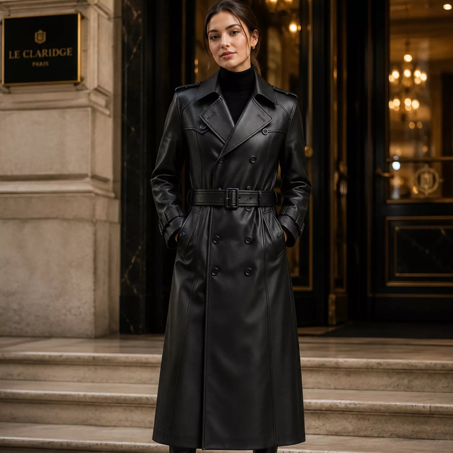 Women’s Black Leather Trench Coat | Long Double-Breasted Belted Coat