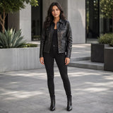 Women’s Black Leather Utility Jacket | Four Pocket Field Style