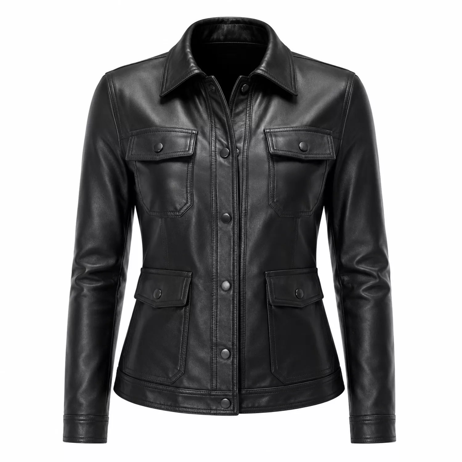 Women’s Black Leather Utility Jacket | Four Pocket Field Style