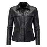 Women’s Black Leather Utility Jacket | Four Pocket Field Style