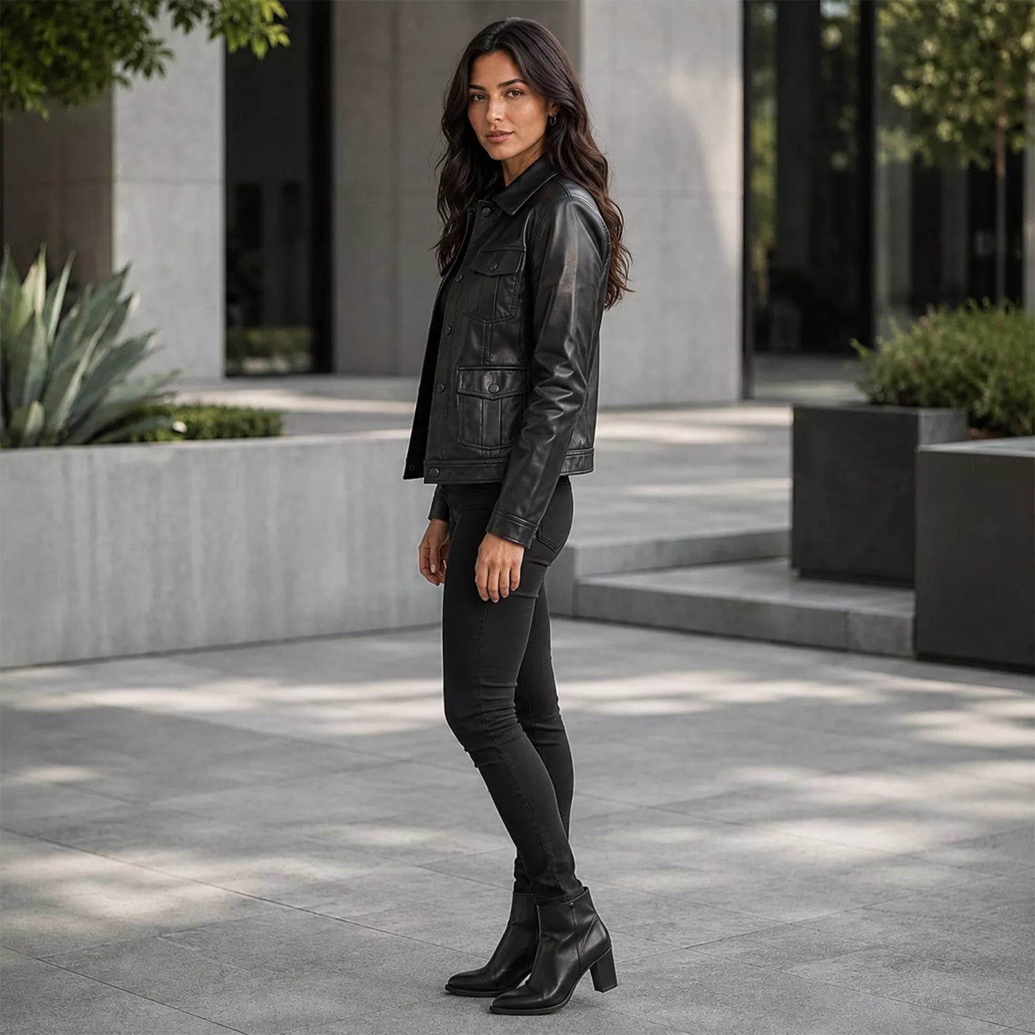 Women’s Black Leather Utility Jacket | Four Pocket Field Style
