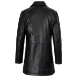 Women’s Black Leather Workwear Coat | Brown Trim Button Front Utility Jacket