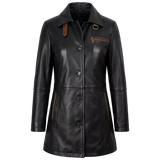Women’s Black Leather Workwear Coat | Brown Trim Button Front Utility Jacket