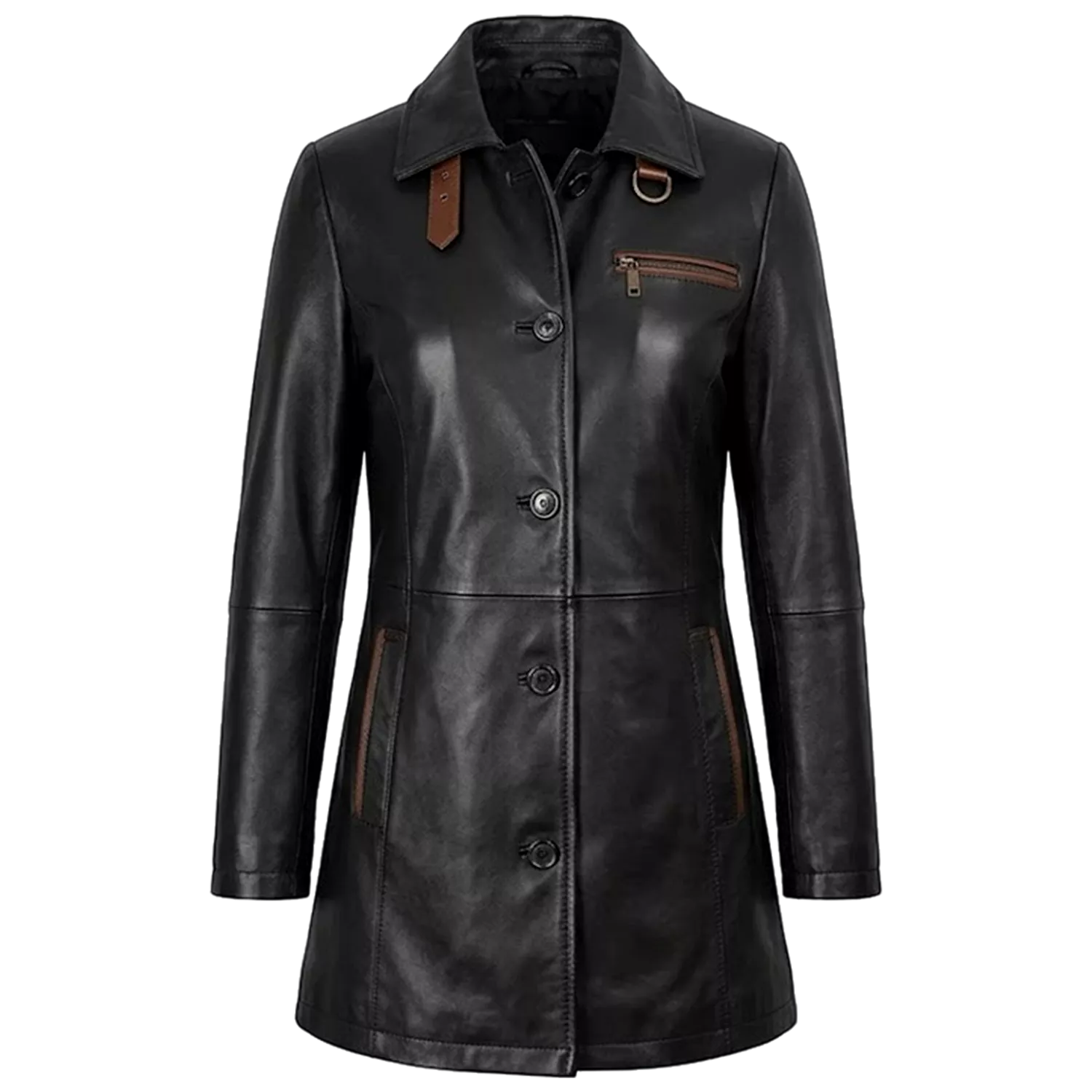 Women’s Black Leather Workwear Coat | Brown Trim Button Front Utility Jacket