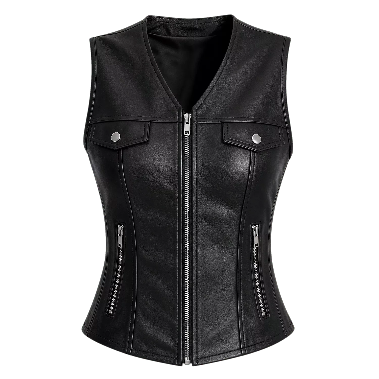 Women’s Black Leather Zip-Up Vest | Sleeveless Moto Waistcoat