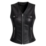 Women’s Black Leather Zip-Up Vest | Sleeveless Moto Waistcoat