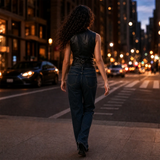 Women’s Black Leather Zip-Up Vest | Sleeveless Moto Waistcoat