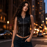 Women’s Black Leather Zip-Up Vest | Sleeveless Moto Waistcoat