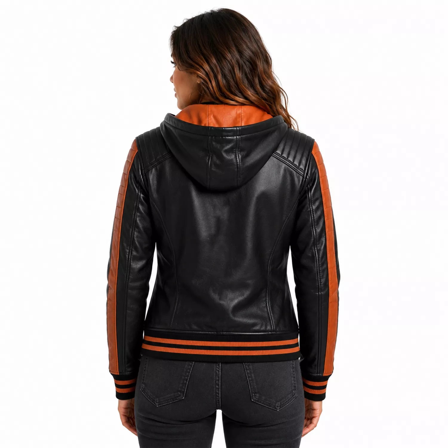 Women’s Black Orange Hooded Leather Bomber Jacket | Quilted Shoulder Zip Jacket
