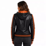 Women’s Black Orange Hooded Leather Bomber Jacket | Quilted Shoulder Zip Jacket