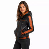 Women’s Black Orange Hooded Leather Bomber Jacket | Quilted Shoulder Zip Jacket