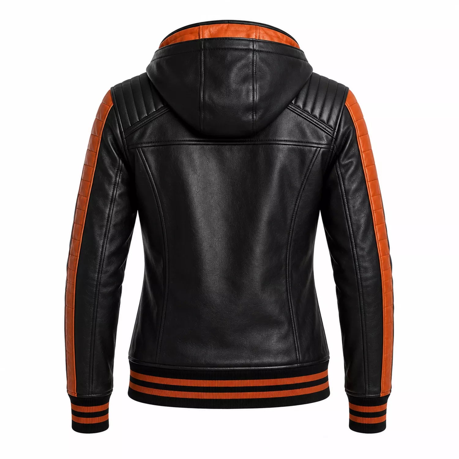 Women’s Black Orange Hooded Leather Bomber Jacket | Quilted Shoulder Zip Jacket