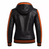 Women’s Black Orange Hooded Leather Bomber Jacket | Quilted Shoulder Zip Jacket
