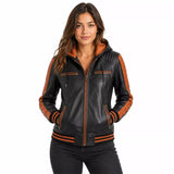 Women’s Black Orange Hooded Leather Bomber Jacket | Quilted Shoulder Zip Jacket