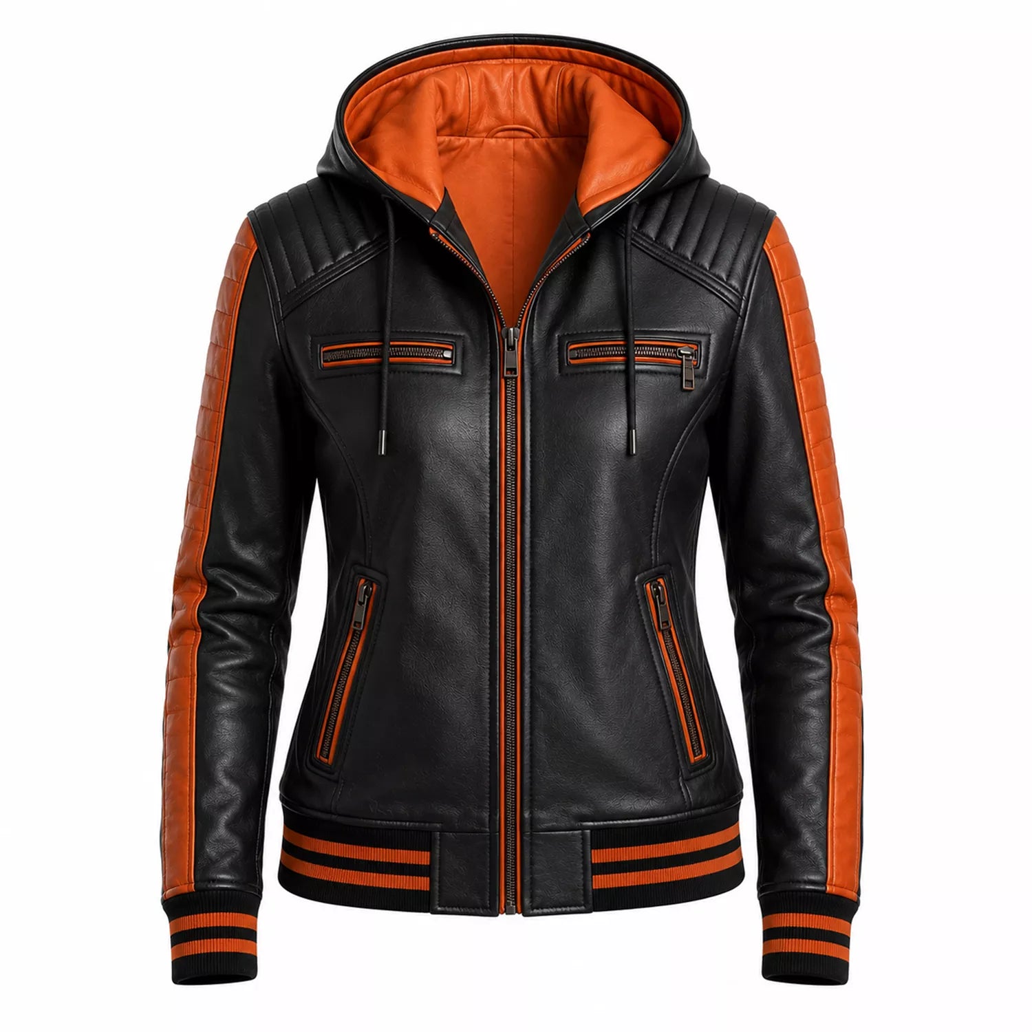 Women’s Black Orange Hooded Leather Bomber Jacket | Quilted Shoulder Zip Jacket