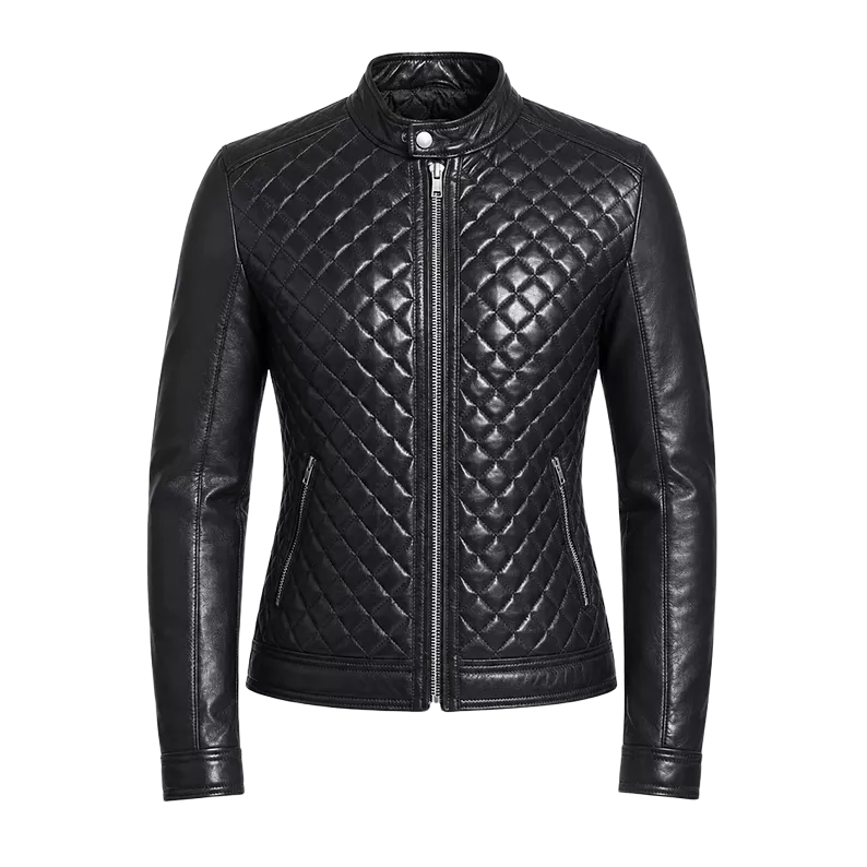 Women’s Black Quilted Cafe Racer Leather Jacket | Premium Biker Jacket