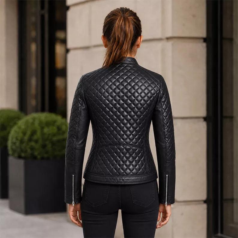 Women’s Black Quilted Cafe Racer Leather Jacket | Premium Biker Jacket