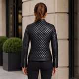 Women’s Black Quilted Cafe Racer Leather Jacket | Premium Biker Jacket