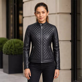 Women’s Black Quilted Cafe Racer Leather Jacket | Premium Biker Jacket