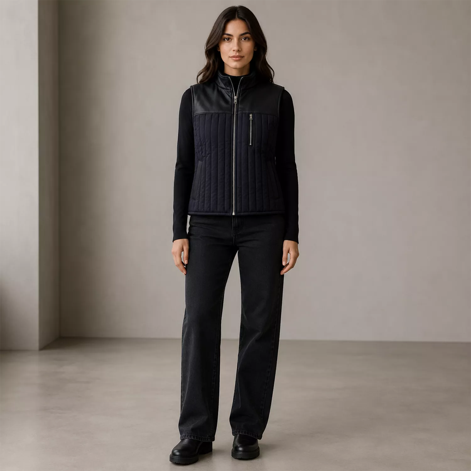 Women's Black Quilted Leather Vest | Zip-Up Sleeveless Outerwear