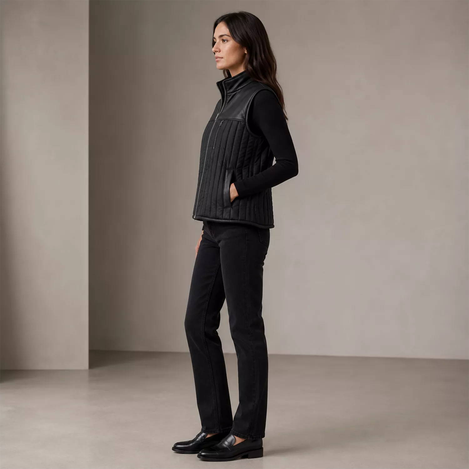 Women's Black Quilted Leather Vest | Zip-Up Sleeveless Outerwear
