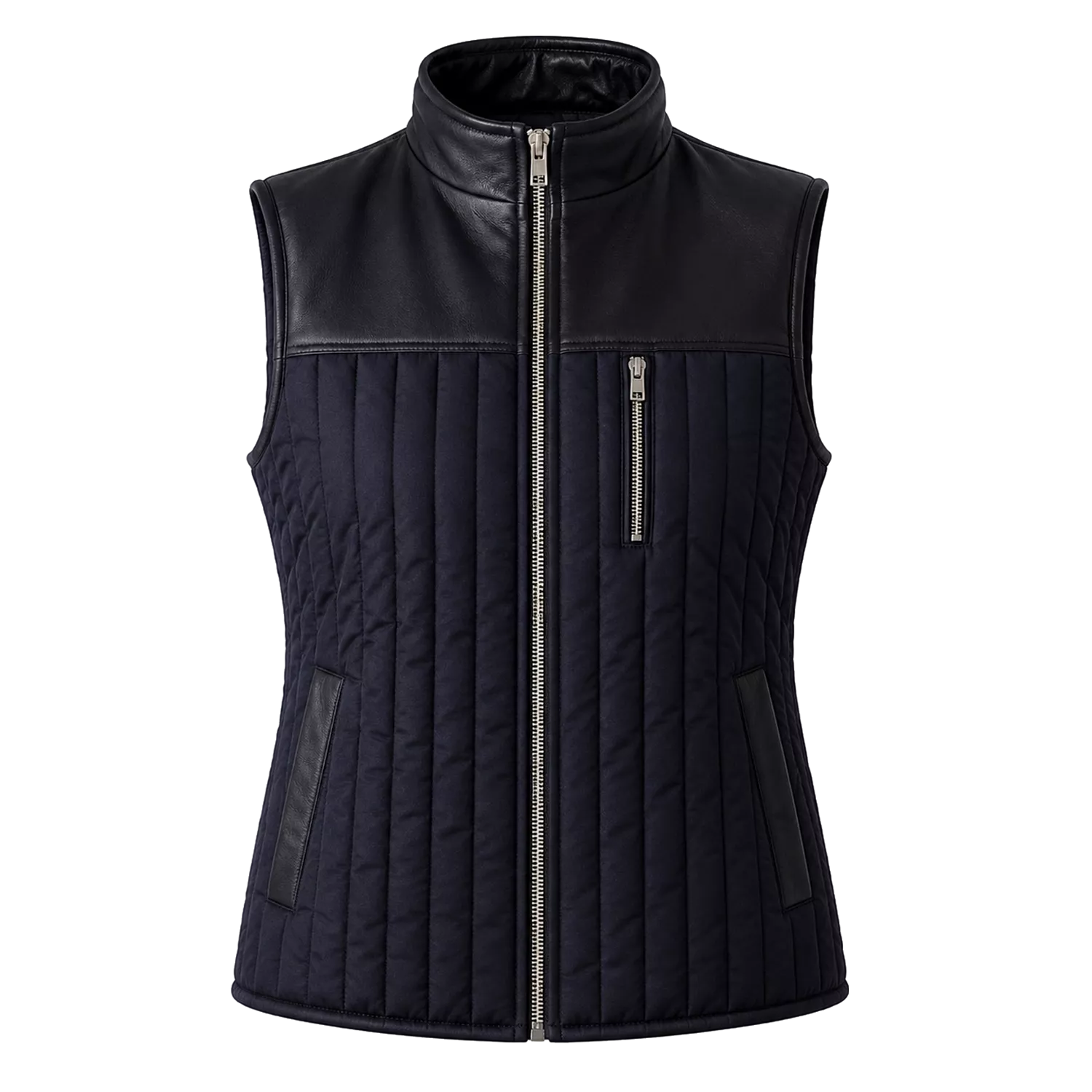 Women's Black Quilted Leather Vest | Zip-Up Sleeveless Outerwear