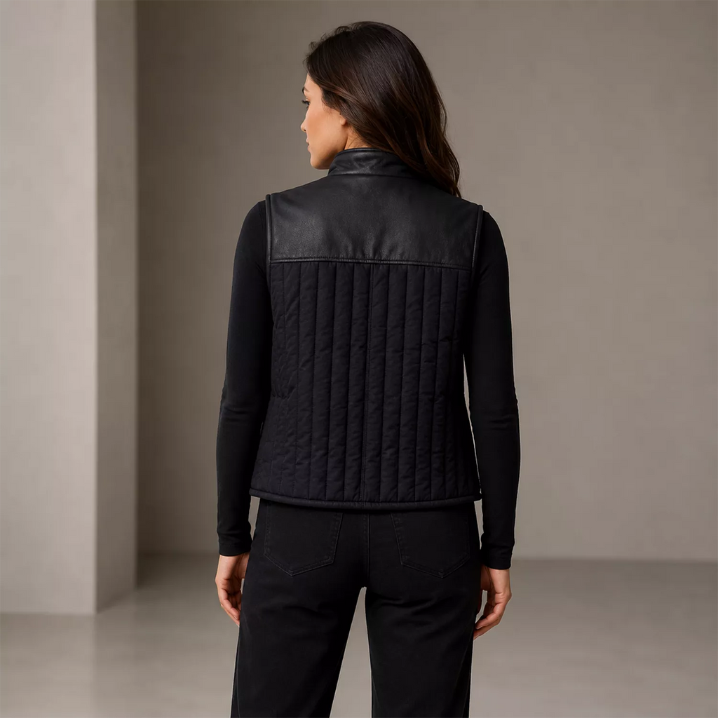 Women's Black Quilted Leather Vest | Zip-Up Sleeveless Outerwear