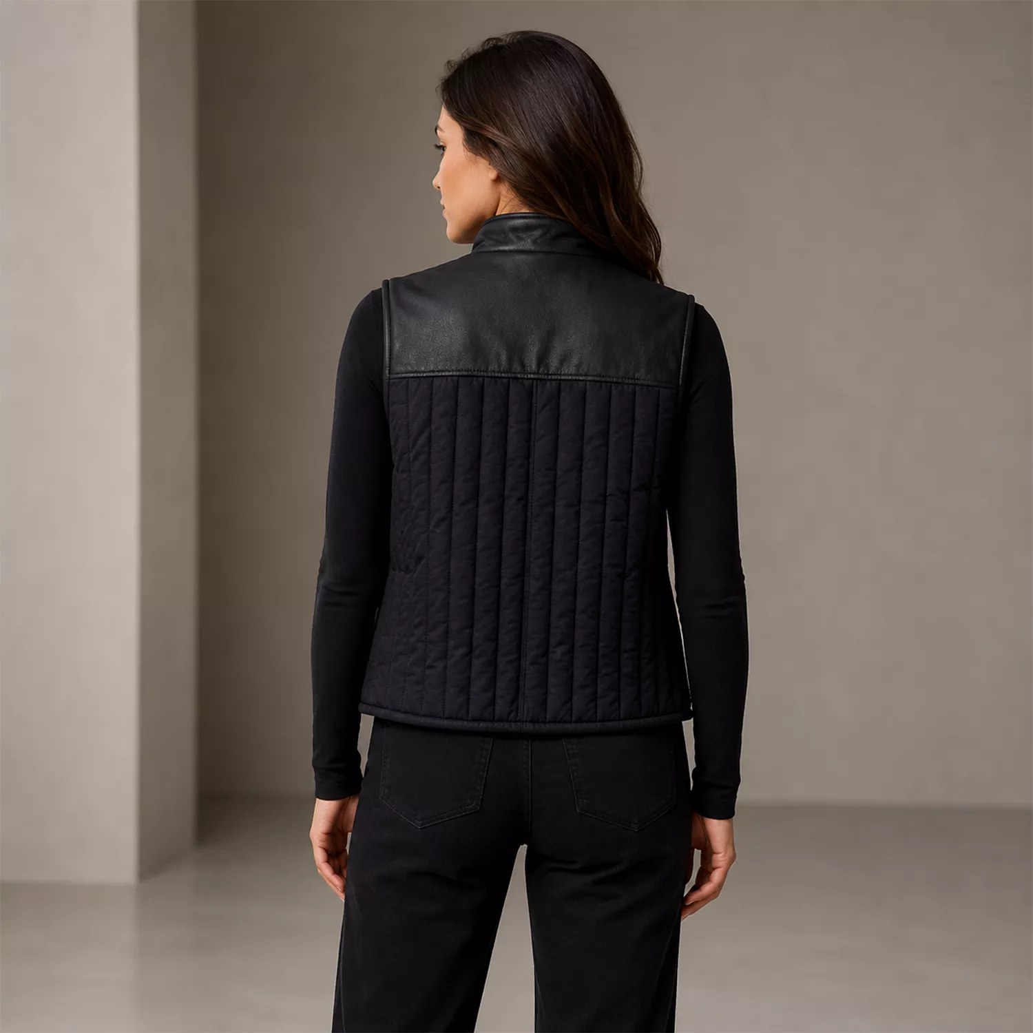 Women's Black Quilted Leather Vest | Zip-Up Sleeveless Outerwear
