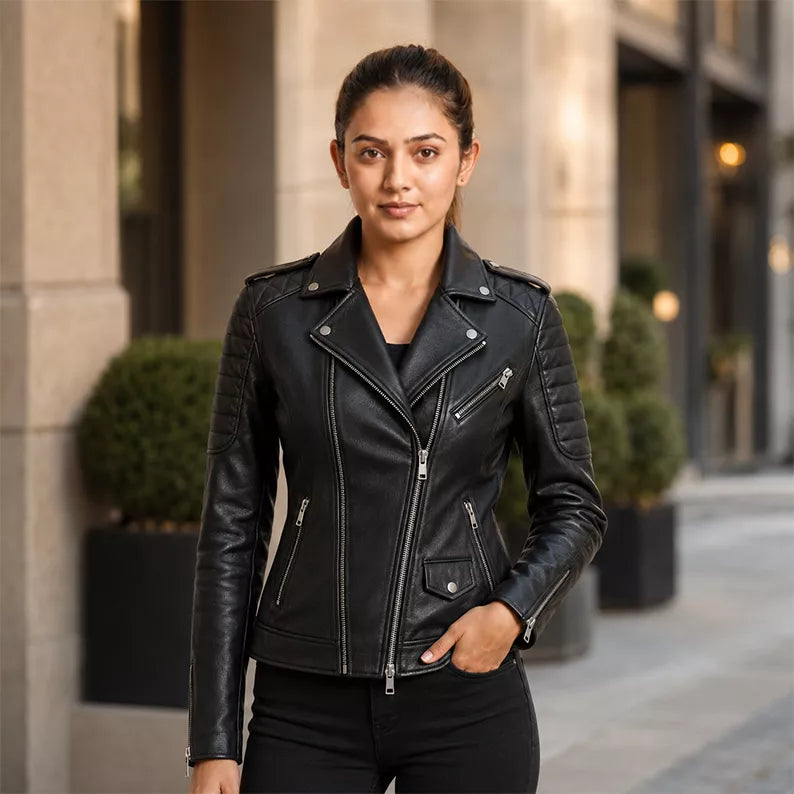 Women’s Black Quilted Moto Leather Jacket | Asymmetric Biker Jacket