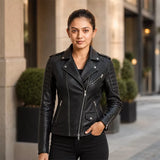 Women’s Black Quilted Moto Leather Jacket | Asymmetric Biker Jacket