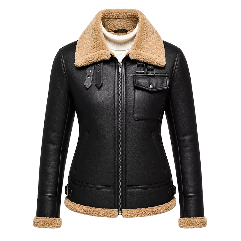 Women’s Black Shearling Aviator Leather Jacket | Winter Leather Jacket