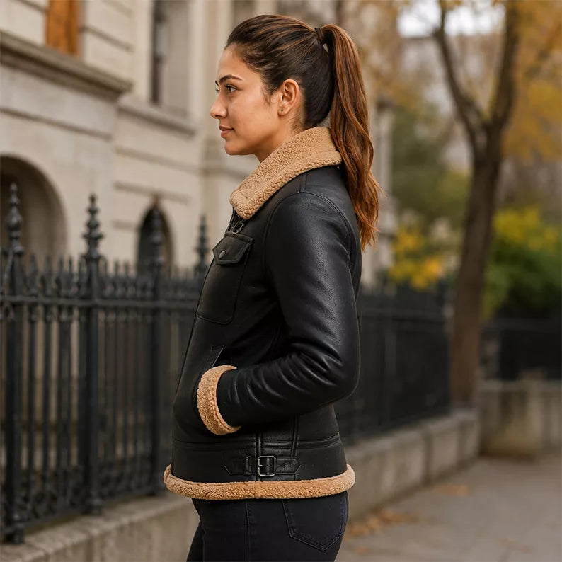 Women’s Black Shearling Aviator Leather Jacket | Winter Leather Jacket