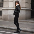 Women’s Black Shearling Collar Leather Bomber Jacket  Warm Zip-Up Jacket