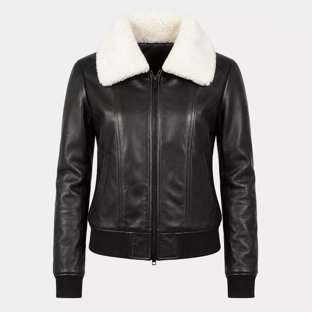 Women’s Black Shearling Collar Leather Bomber Jacket  Warm Zip-Up Jacket