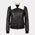 Women’s Black Shearling Collar Leather Bomber Jacket  Warm Zip-Up Jacket