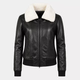 Women’s Black Shearling Collar Leather Bomber Jacket |  Warm Zip-Up Jacket