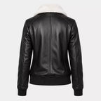 Women’s Black Shearling Collar Leather Bomber Jacket  Warm Zip-Up Jacket